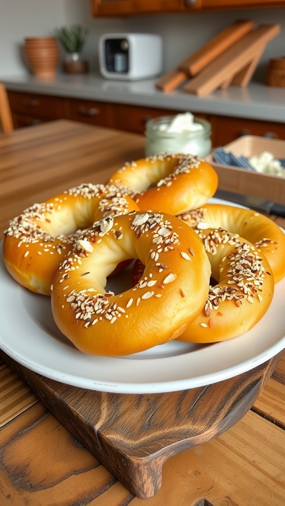 Easy 2-Ingredient Almond Flour Bagels Made in the Air Fryer Golden-brown almond flour bagels topped with sesame seeds on a wooden plate with cream cheese.